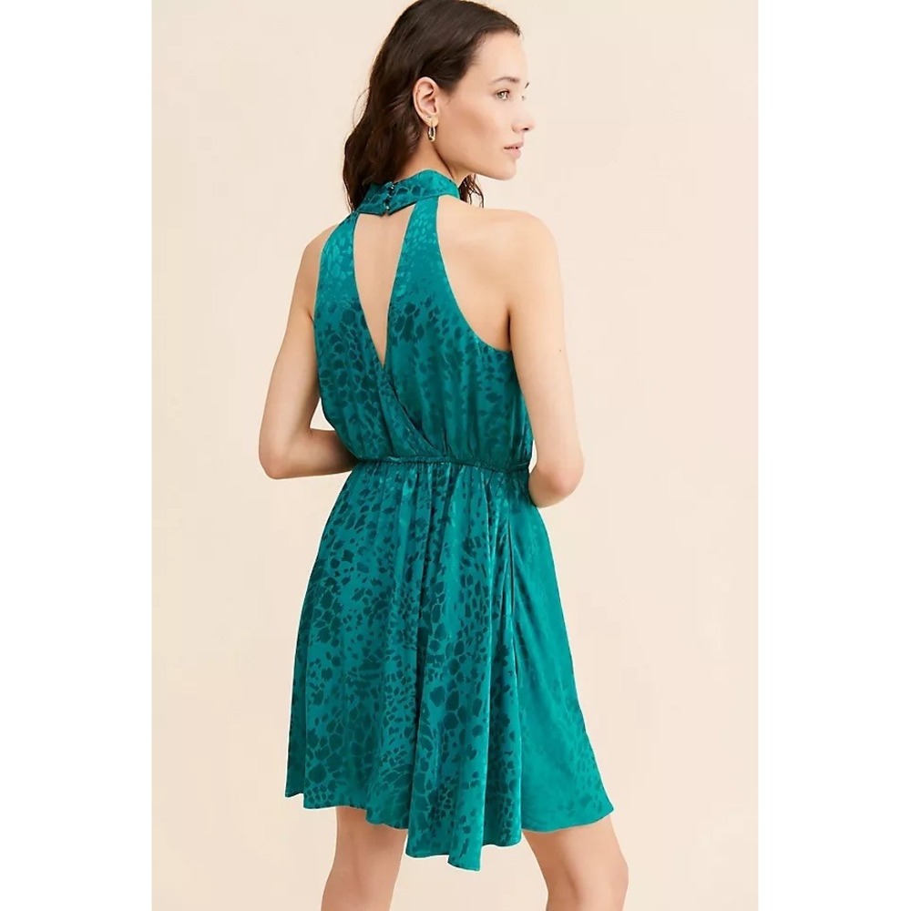 Anthropologie NEW Mini Dress Turquoise Leopard Jacquard Halter Glam Cocktail - Picture 2 of 11